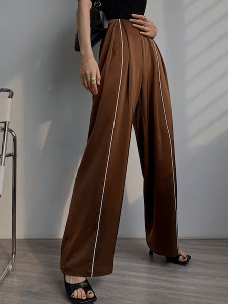 

Spring Satin Color Block Simple Daily Household Mid-weight Pants, Brown, Wide Leg Pants