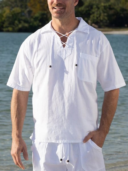 

Basic Cotton And linen Style Tie lapel POLO Shirt, White, Men's t-shirts