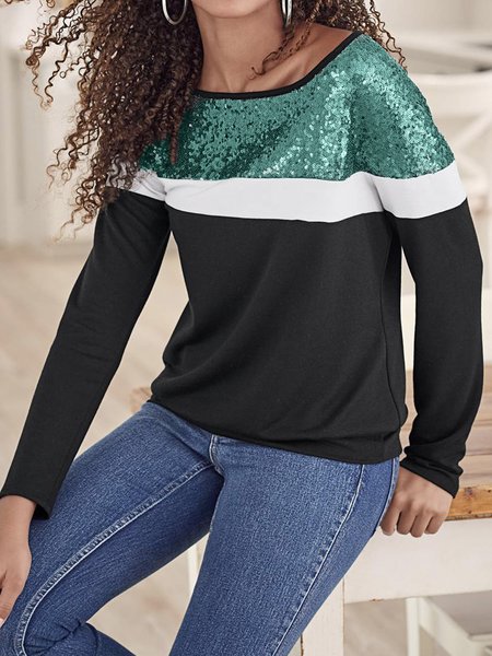 

Crew Neck Color Block Casual sequins Sweatshirt, Black, Hoodies & Sweatshirts