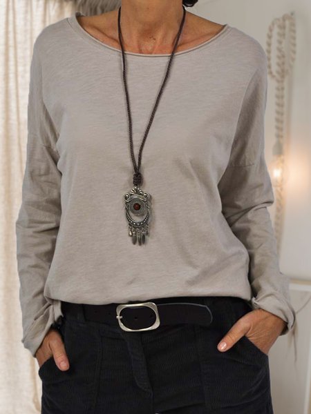 

Crew Neck Loosen Casual Shirts & Tops, Khaki, Tops