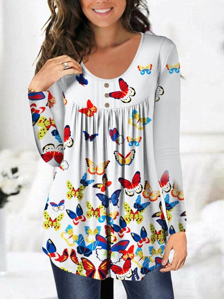 

Crew Neck Casual Butterfly Loosen Shirts & Tops, White, Tops
