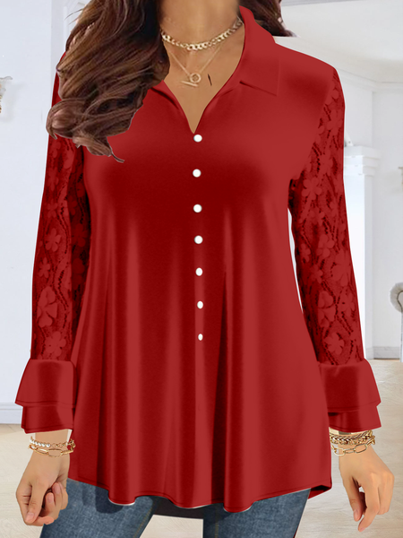 

Long sleeve Lapel plain patternless lace top Plus Size, Red, Tops