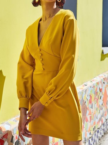 

Elegant Solid V Neck Long sleeve Dress, Yellow, Midi Skirts