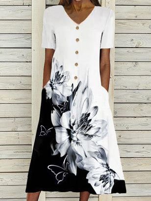 

Floral Butterfly Printed V Neck Vacation Short Sleeve Dresses, Black-white, Floral Dresses
