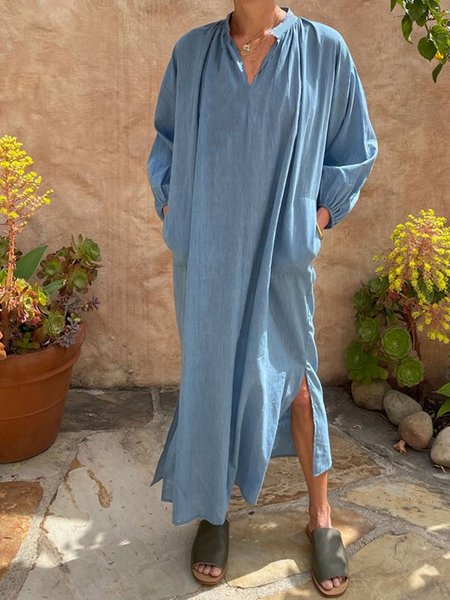 

Casual V Neck Dresses, Blue, Midi Dresses