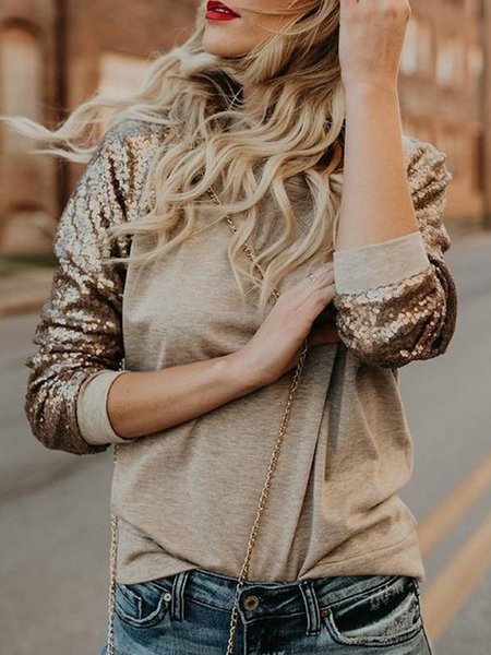 

Sequins Casual Loosen Crew Neck Solid Sweatshirt, As picture, Hoodies & Sweatshirts