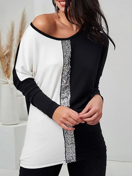 

Long Sleeve Crew Neck Casual Loosen Top, Black-white, Tops