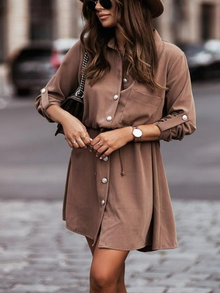 

Shirt Collar Daily Casual Mini Dress, Coffee, Mini Dresses