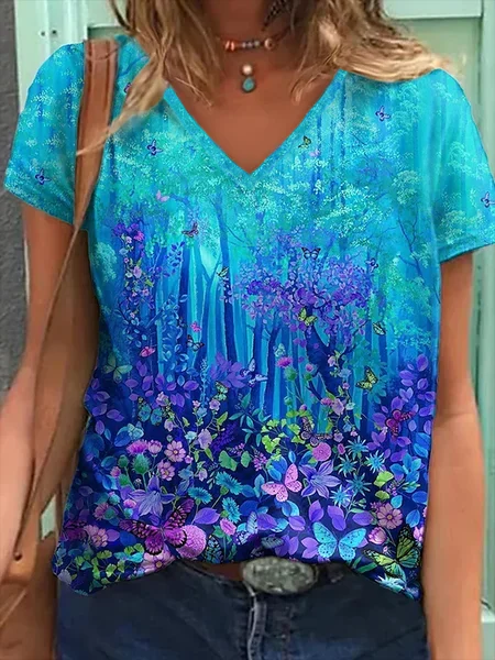 

Floreale Scollo a V Casuale Maniche Corte Top, Multicolore, T-Shirts