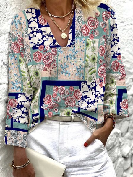 

Casual Vacation Geometric Floral V Neck Regular Fit Shirts & Tops, Multicolor, Long sleeve tops