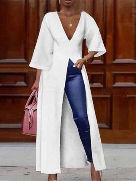 

Daily V Neck Simple Slit Top, White, Tops