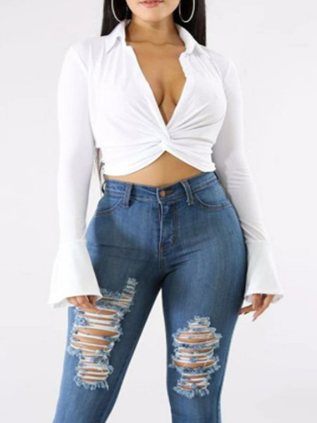 

Shirt Collar Slim Fit Solid Blouse, White, Blouses and Shirts