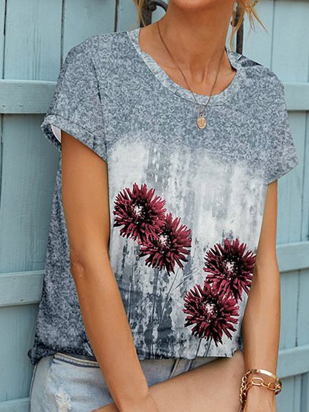 

Floral Casual Loosen Crew Neck Short Sleeve Tops, Flower, T-Shirts