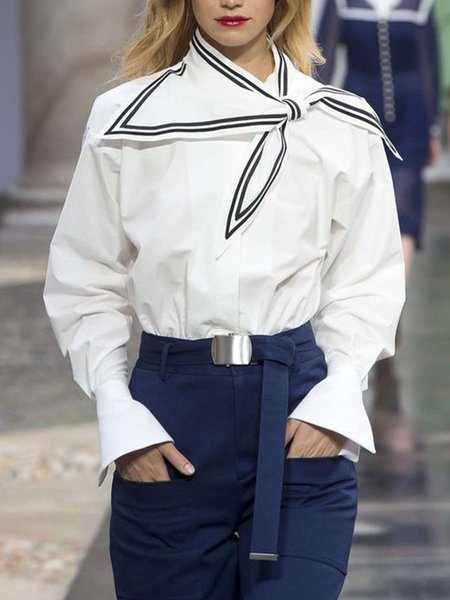 

Loosen Striped Shirt Collar Daily Top, White, Blouses and Shirts