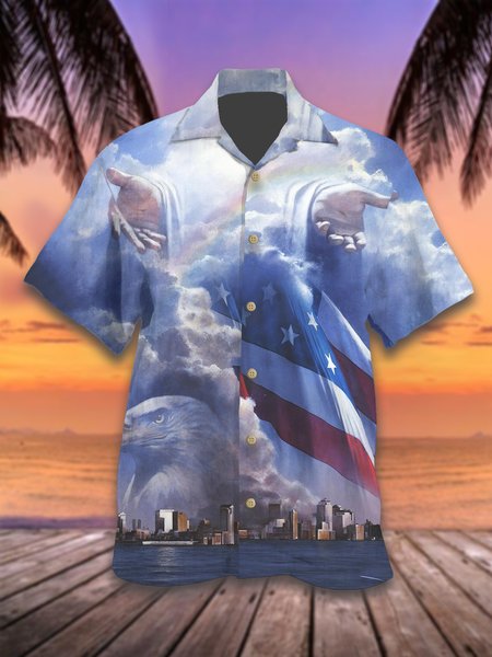 

Jesus And National Flag Loose-Fitting Collar Short-Sleeved Shirt, As picture, Men's Floral shirt