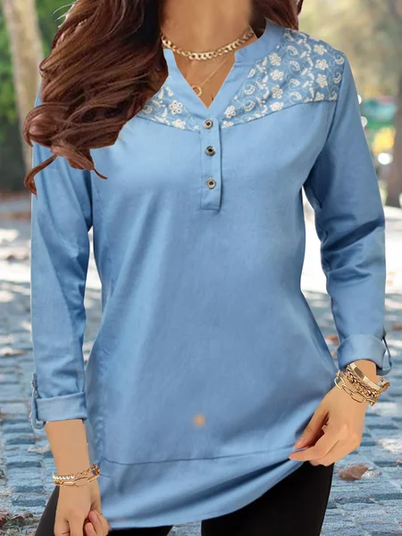

Long sleeve V-neck plain patterned patchwork fabric Tencel denim cotton top Plus Size, Blue, Shirts & Blouses