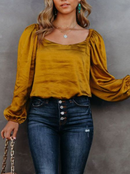 

Puff Sleeve Square Neck Solid Top, Yellow, Blouses and Shirts