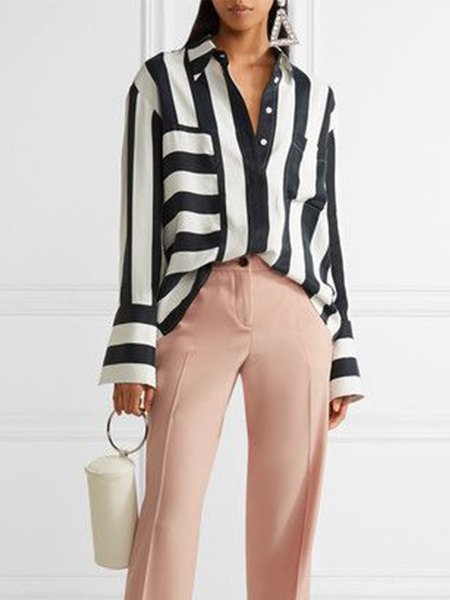 

Long Sleeve Simple Shirt Collar Striped Shirt, Black-white, Blouses and Shirts