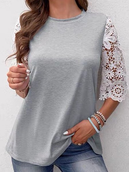 

Crochet Lace Loosen Crew Neck Long Sleeve Tops, Gray, T-Shirts