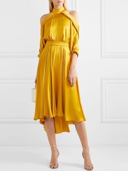 

Lady Regular Fit Asymmetriaca Solid Midi Dress, Yellow, Midi Dresses