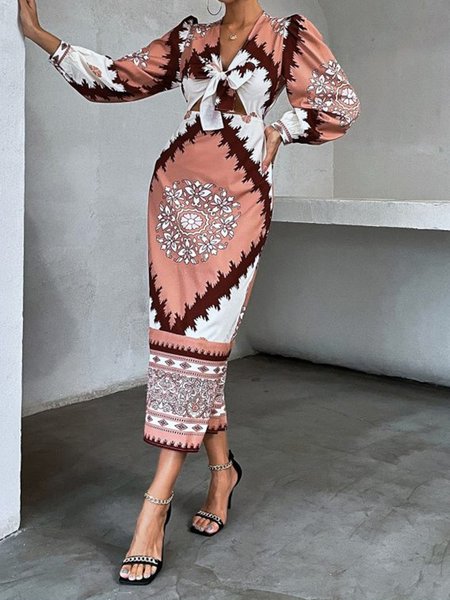 

V neck Regular Fit Tribal Elegant Dress, As picture, Midi Skirts
