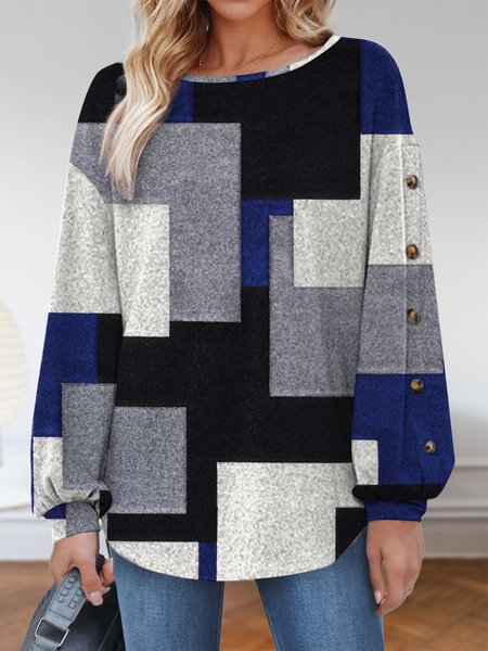 

Round Neck Geometric Color Block Shirts & Tops, Blue, Tops