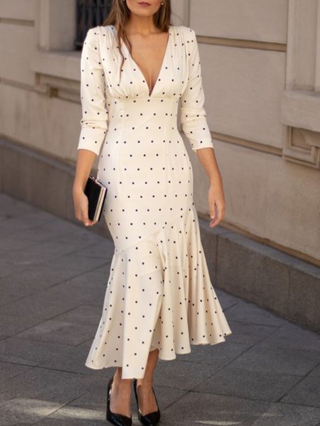 

V Neck Elegant Polka Dots Dress, As picture, Midi Dresses
