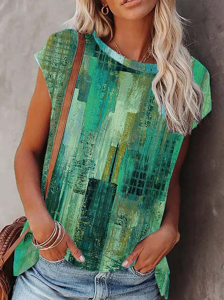 

Cotton Blends Painted Loosen Shirts & Tops, Green, T-Shirts