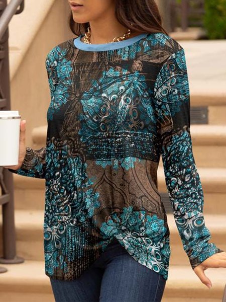 

Vintage Crew Neck Abstract Shirts & Tops, Blue, Tops