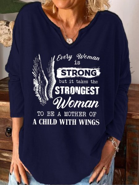 

Funny text print notched neck long sleeve shirt, Purplish blue, T-shirts