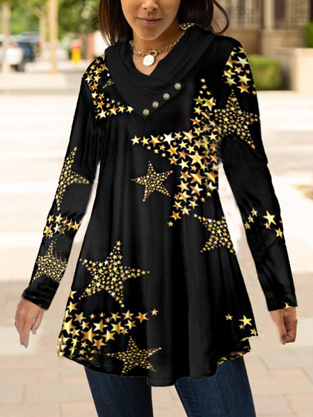 

Loosen Party Cowl Neck Shirts & Tops Star gold shiny A-line long top, Black, Tunics