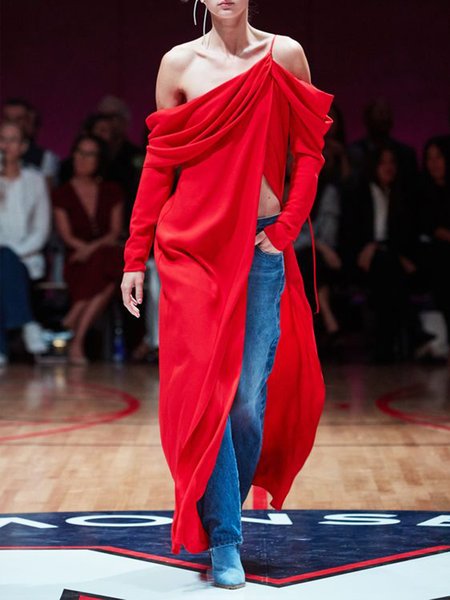 

Asymmetrical Neck Regular Fit Elegant Dress, Red, Maxi Dresses
