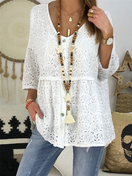 

Loosen Casual Lace Solid Mid-long Tops, White, Tops