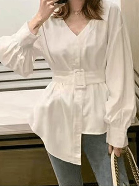 

Loosen V Neck Daily Solid Top, White, Tops