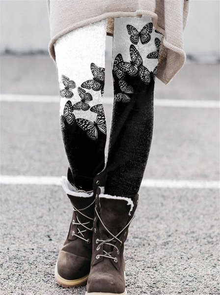 

Black-white Butterfly Cotton Blends Leggings, Leggings