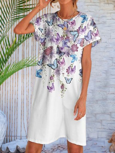 

Vacation Butterfly Floral Printed Crew Neck Short Sleeve Dresses, White, Floral Dresses