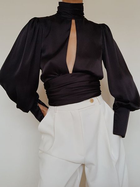 

High Neck Elegant Solid Satin Top, Black, Tops