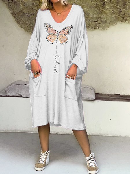 

Butterfly Bishop Sleeve Loosen Casual V Neck Dresses, White, Dresses