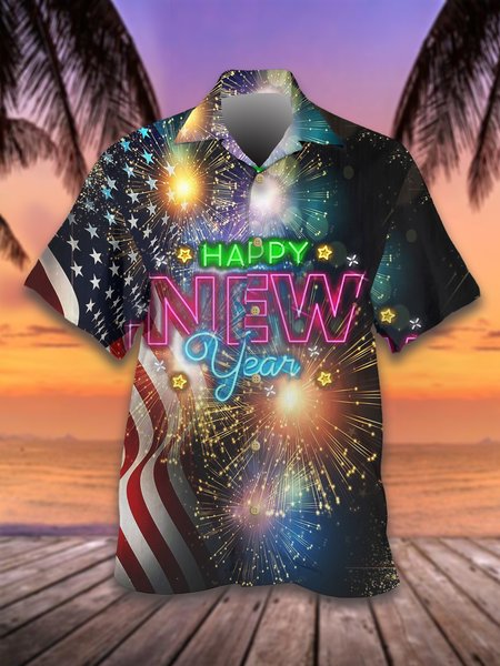 

New Year Fireworks Loose Short Sleeve Shirt, As picture, Shirts ＆ Blouse