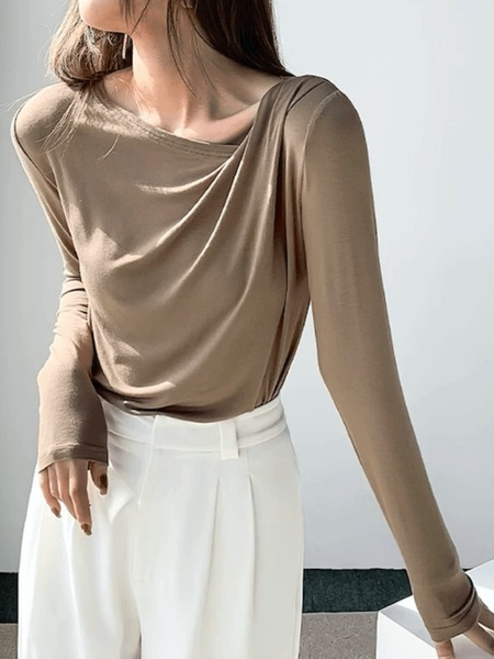 

Spring Plain Asymmetrical Neck Daily Household Long sleeve Tops, Brown, Tops