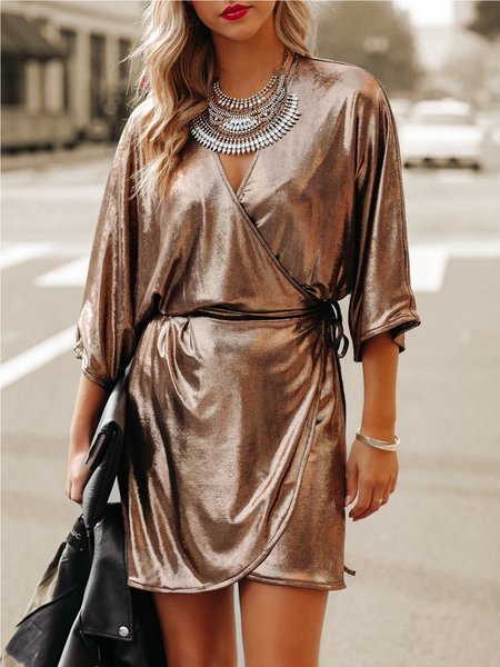 

Casual V Neck Loosen Solid Three Quarter Dresses, As picture, Dresses