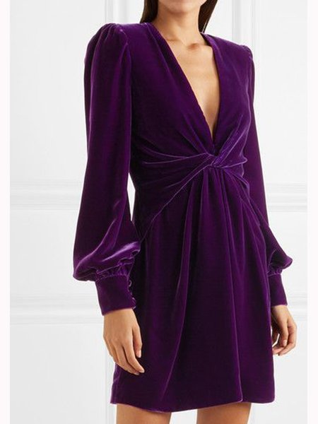 

V neck Elegant Solid Regular Fit Dress, Purple, Mini Dresses