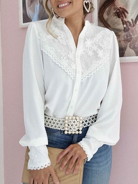 

Elegant Plain Stand Collar Lace Top, White, Blouses and Shirts