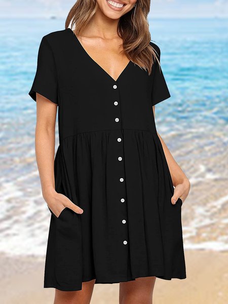 

Summer fashion v-neck dress button all-match slim pockets short sleeves V Neck Weaving Dress, Black, Mini Dresses