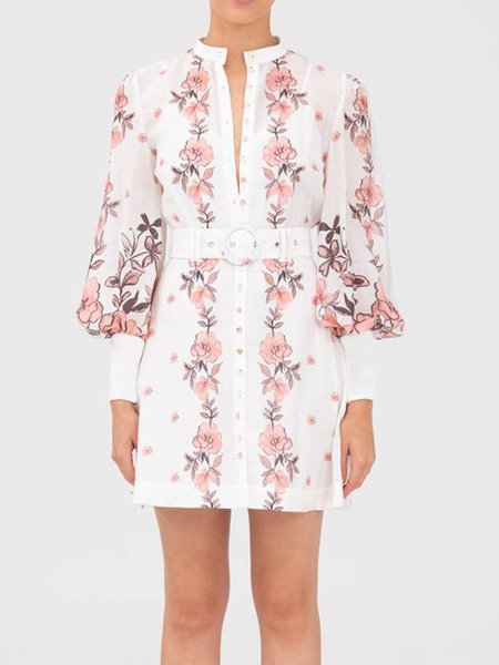 

Floral Regular Fit Notched Elegant Dress, White, Mini Dresses