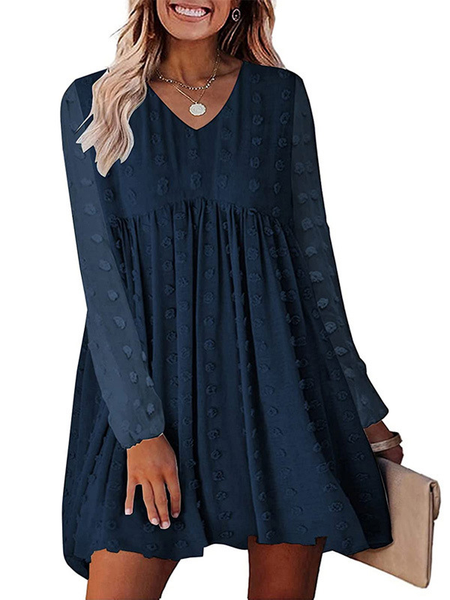 

Loosen V-neck long-sleeved dress Loose cut floral hair ball texture loose dress, Black, Mini Dresses