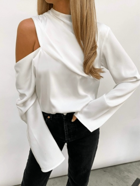 

Spring Long sleeve Plain Asymmetric Lightweight Daily Tops, White, Tops