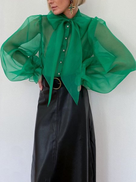 

Elegant Tie Neck Long sleeve Shirt, Green, Tops