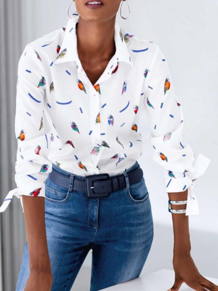 

Shirt Collar Bird Elegant Printed Top, White, Blouses and Shirts