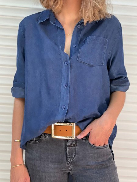 

Loosen Solid Shirt Collar Long Sleeve Blouses, Blue, Blouses & Shirts